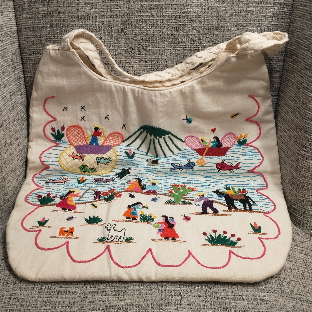 Hand Embroidered Canvas Tote Bag - Off-white. New without Tags.